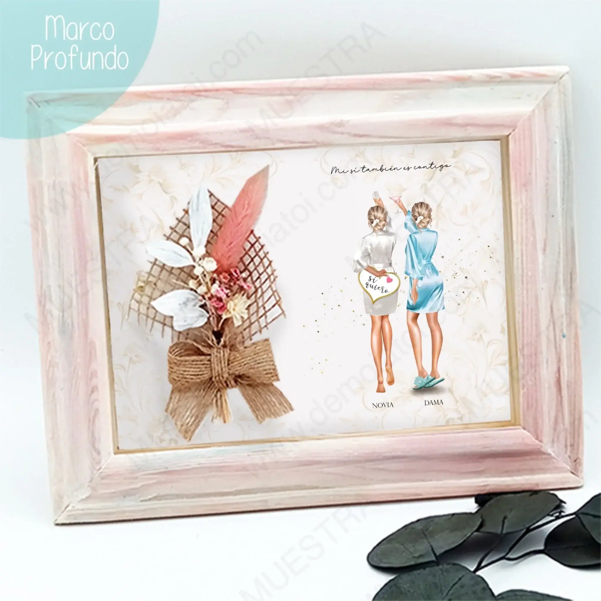 Regalos personalizados damas de honor en pre-boda con bata, ilustración enmarcada con diseño floral.