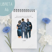 Regalos personalizados ilustración boda con diseño de novio abrazado por padres en libreta A6