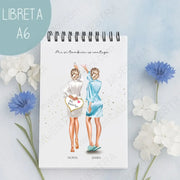 Regalos personalizados damas con ilustración de damas de honor en libreta A6 con diseño especial para pre-boda.