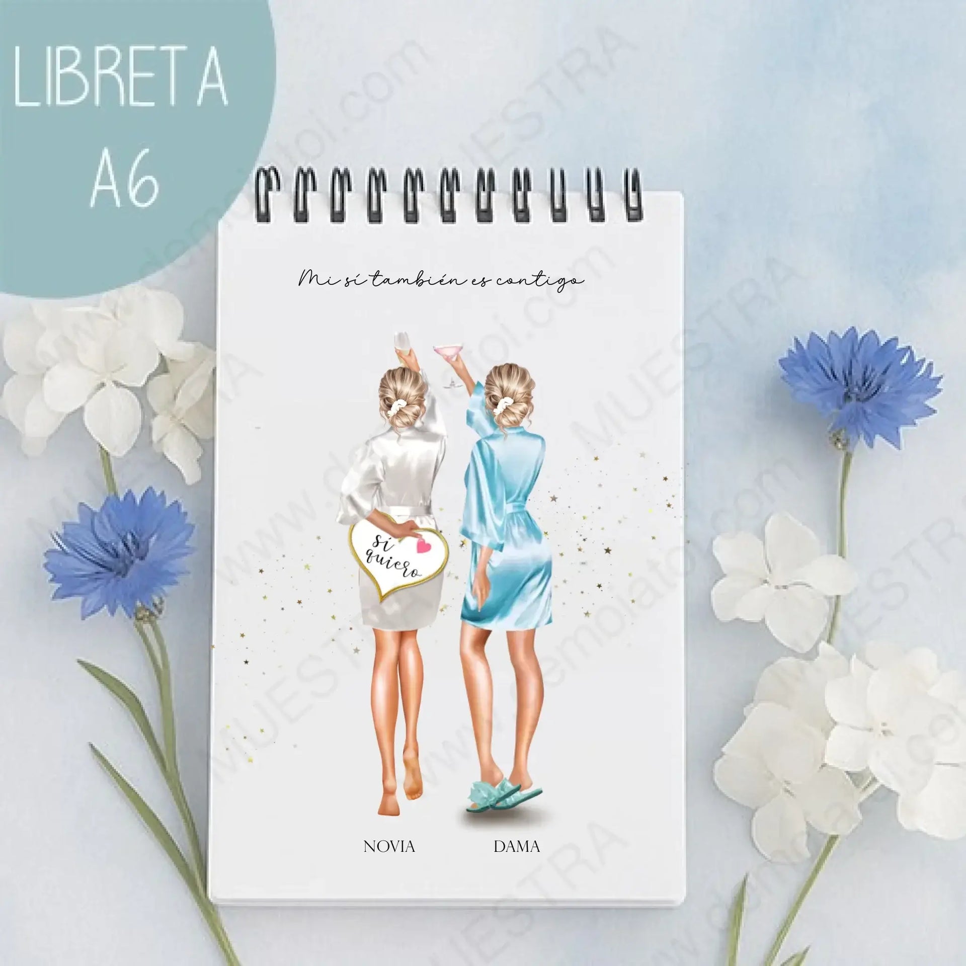 Regalos personalizados damas con ilustración de damas de honor en libreta A6 con diseño especial para pre-boda.