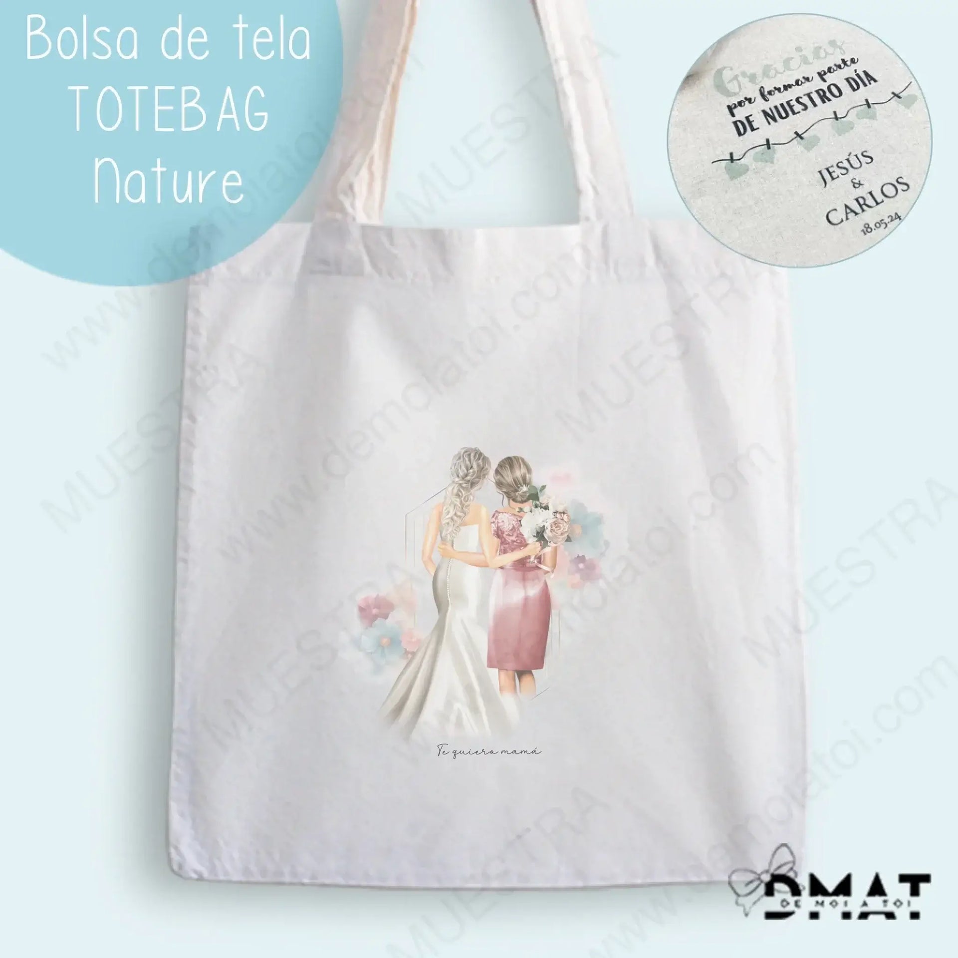 Bolsa de tela TOTE con ilustración de boda de madre y novia, regalos ilustración boda madre novia.