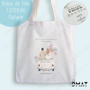 Regalos personalizados ilustración boda - Bolsa de tela con diseño de coche de boda para novios Carmen y Lucas.