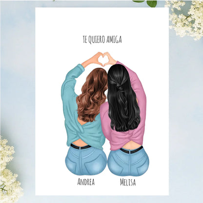 Regalos personalizados con ilustración de mejores amigas sentadas con corazón