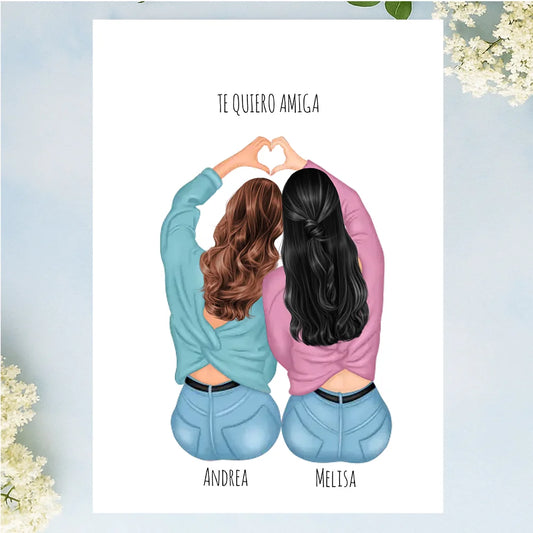 Regalos personalizados con ilustración de mejores amigas sentadas con corazón