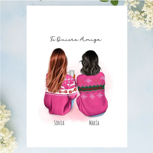 Regalos personalizados con ilustración de mejores amigas con jerseys de invierno