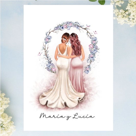 Regalos personalizados con ilustración de novia y dama de honor