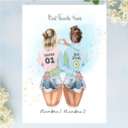 Regalos personalizados con ilustración de mejores amigas y hermanas de espaldas con corazón