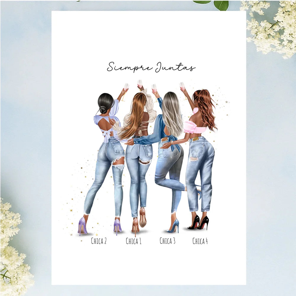 Regalos personalizados con ilustración de grupo de amigas de 1 a 8 personas