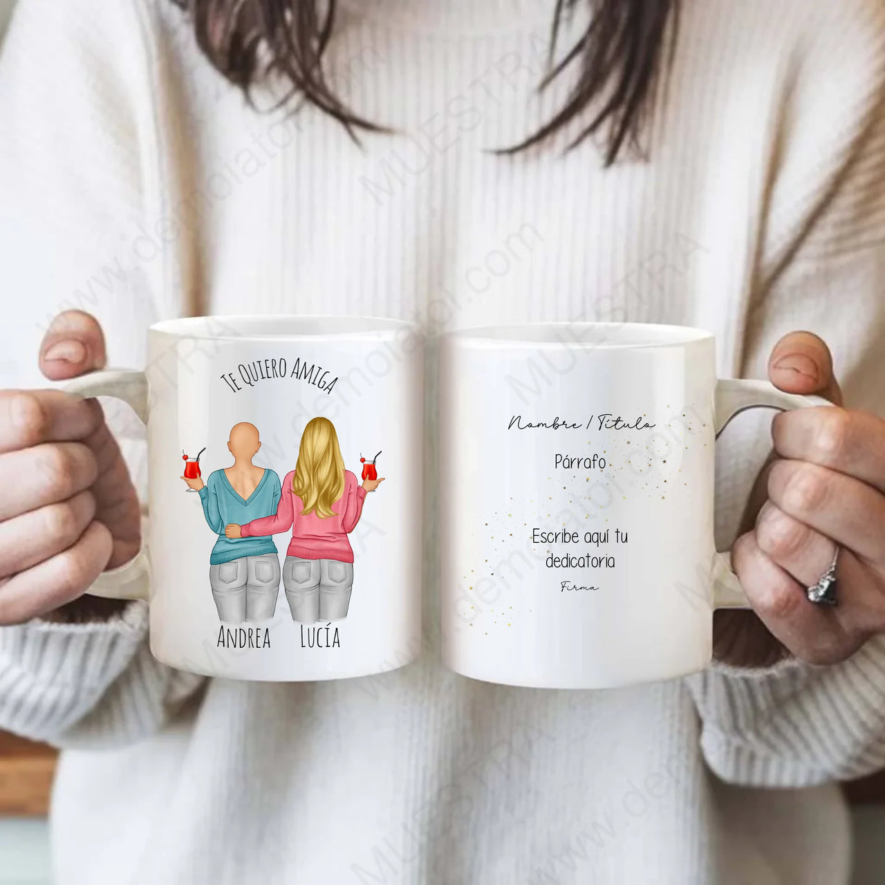 Regalos personalizados con ilustración de amigas, mejores amigas y hermanas, tazas premium personalizadas.