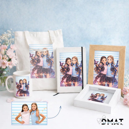 Regalo personalizado con ilustración a partir de foto en estilo KPOP, disponible en lámina A4, lámina A3, taza o versión digital.
