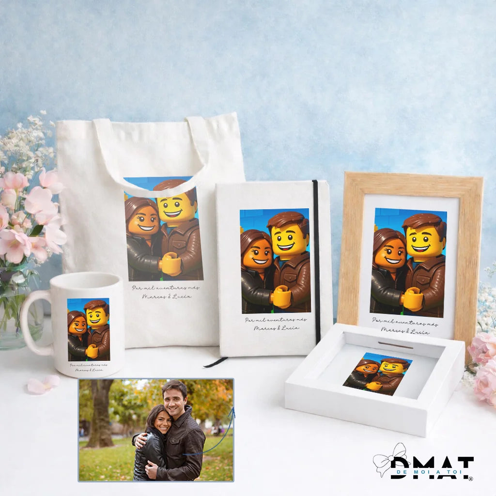 Taza y cuadro personalizado con caricatura LEGO a partir de foto