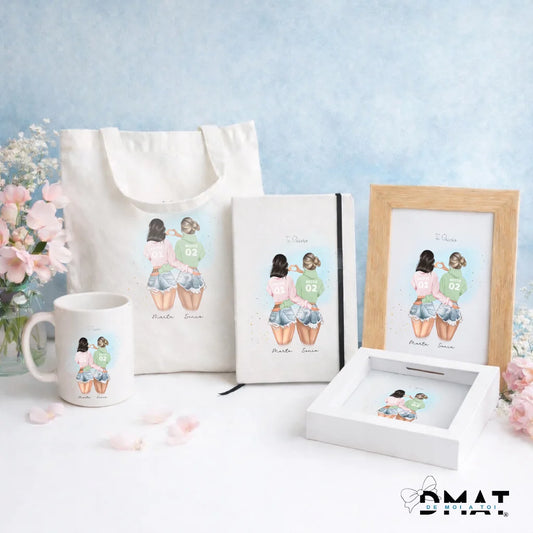 Regalos personalizados con ilustración de mejores amigas y hermanas de espaldas con corazón