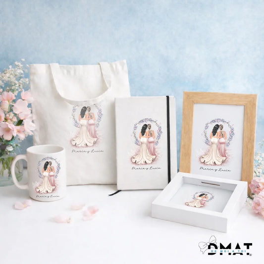 Regalos personalizados con ilustración de novia y dama de honor