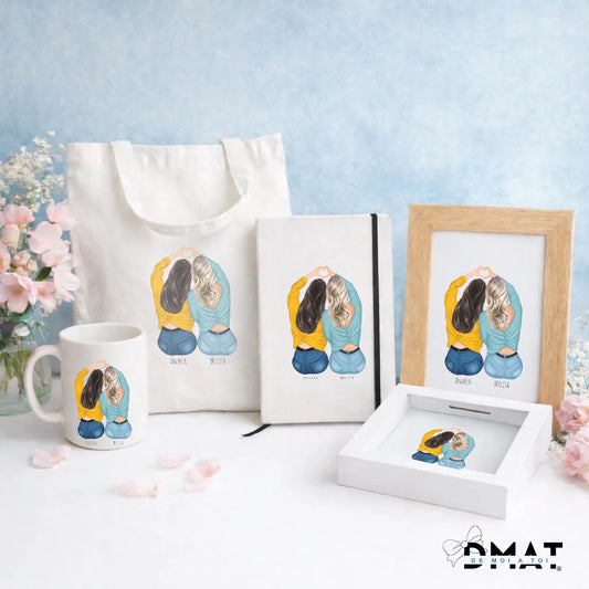 Regalos personalizados con ilustración de mejores amigas sentadas con corazón