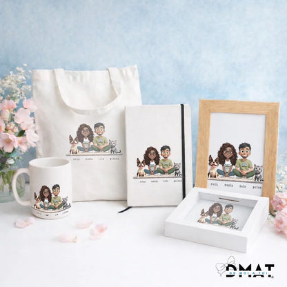 Regalos personalizados con ilustración personalizada pareja y mascotas