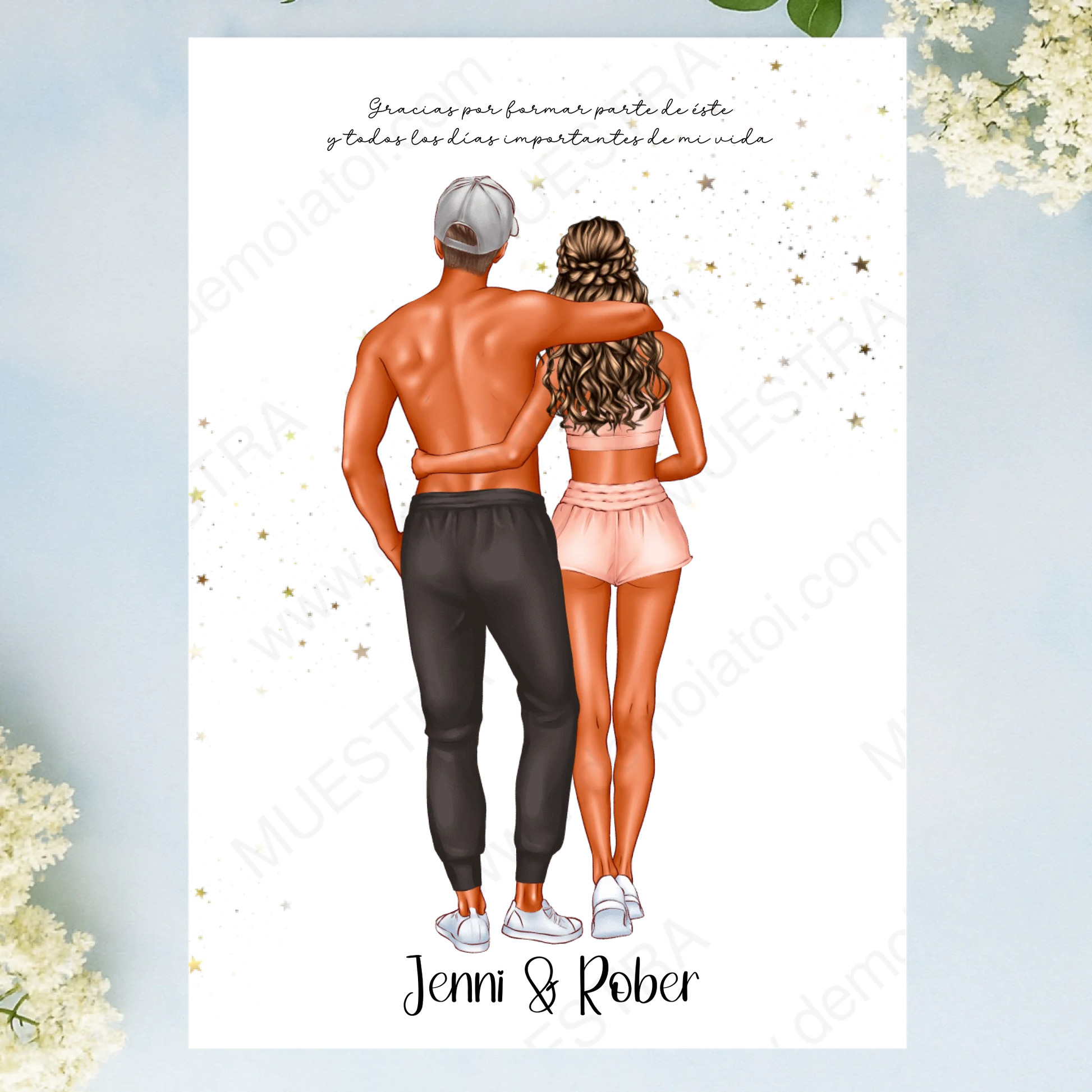 Lámina A3 personalizada de pareja fitness con diseño deportivo y dedicatoria.