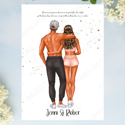 Lámina A3 personalizada de pareja fitness con diseño deportivo y dedicatoria.