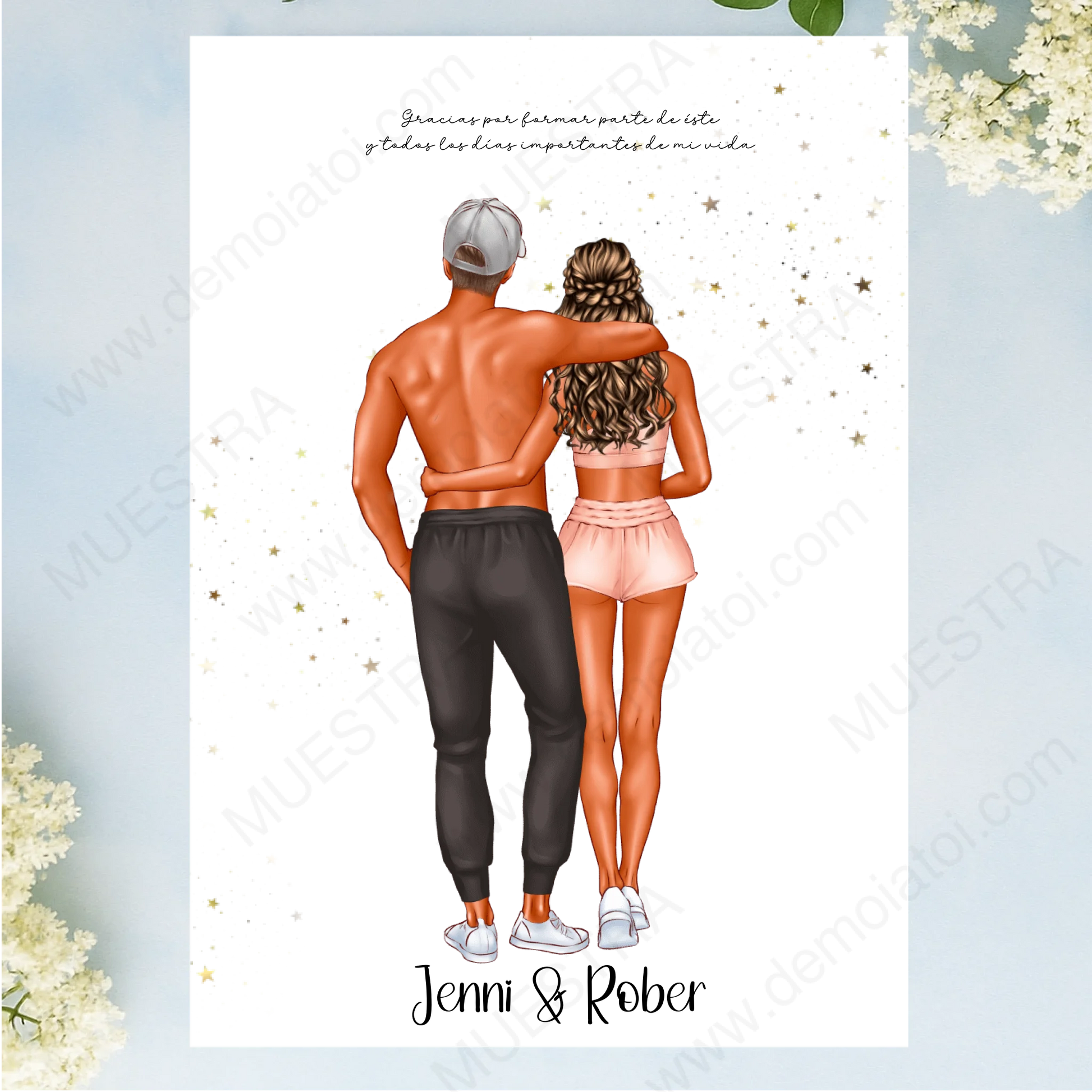 Lámina A4 personalizada de pareja deportista con ilustración fitness y nombres.