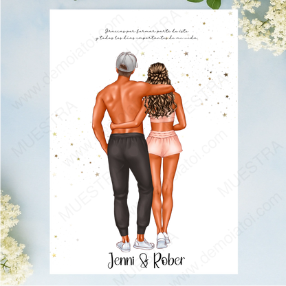 Lámina A4 personalizada de pareja deportista con ilustración fitness y nombres.