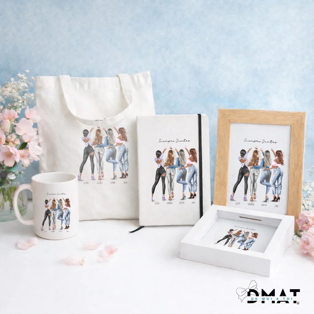 Regalos personalizados con ilustración de grupo de amigas de 5 a 8 personas  horizontal