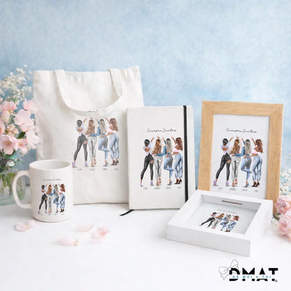 Regalos personalizados con ilustración de grupo de amigas de 5 a 8 personas  horizontal