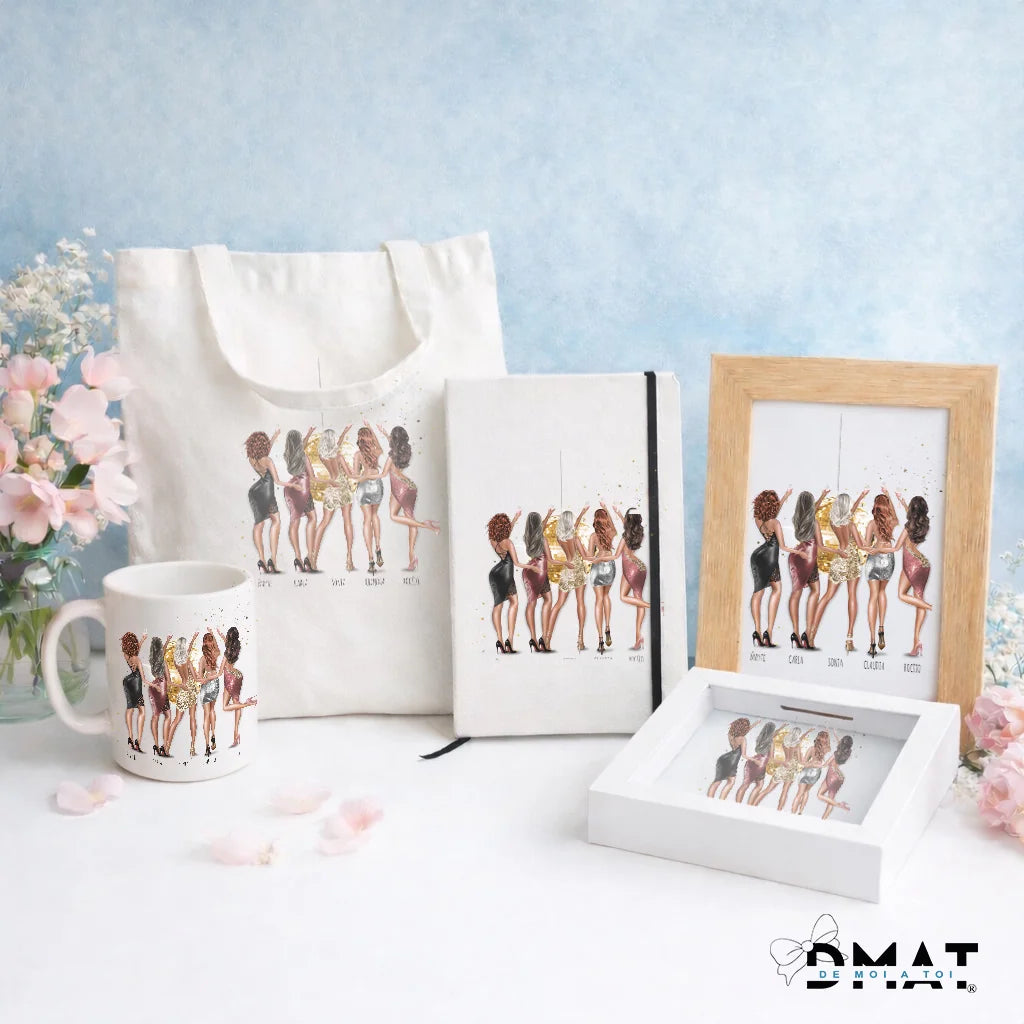 Regalos personalizados con ilustración de grupo de chicas vestidas de fiesta (2-5 PAX)