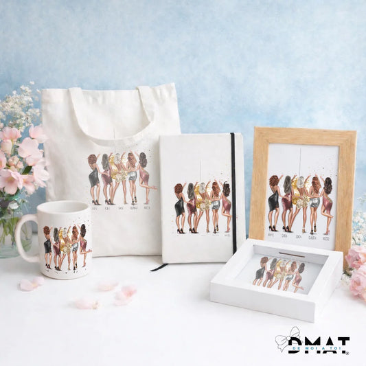 Cuadro, lámina o taza personalizada grupo de chicas vestidas de fiesta 2 a 5 personas – Regalo con ilustración y nombre