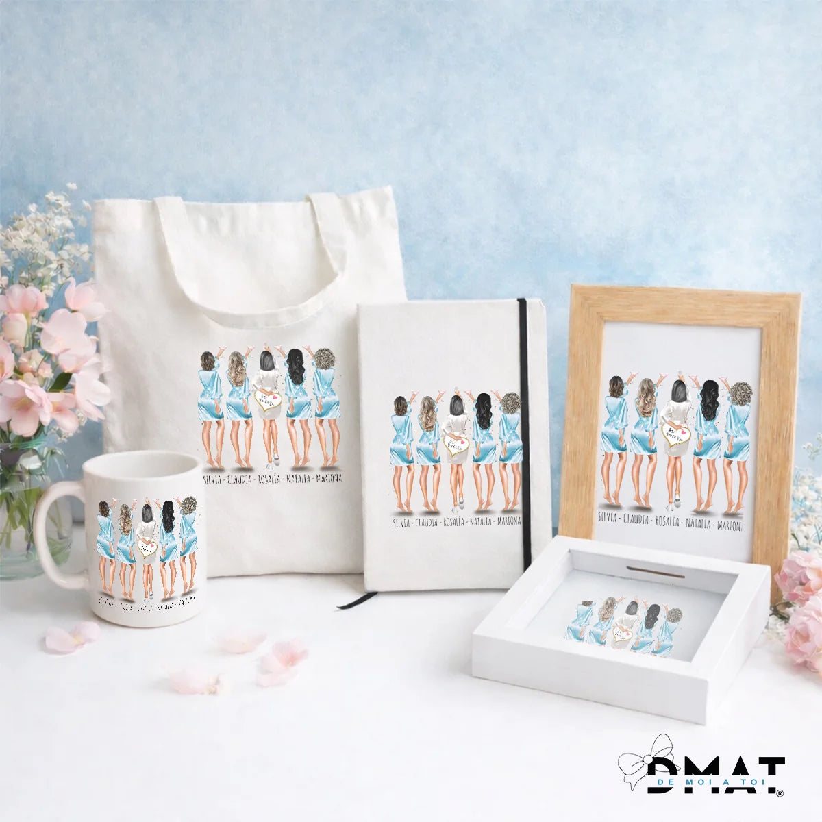Regalos personalizados con ilustración de Damas de Honor en pre-boda con bata