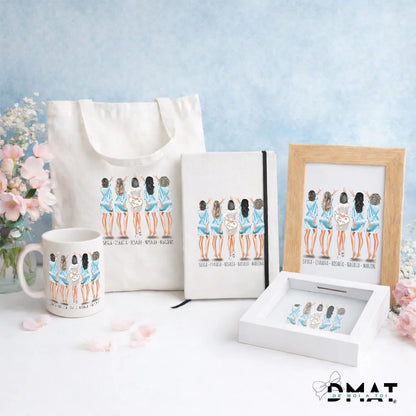 Regalos personalizados con ilustración de Damas de Honor en pre-boda con bata