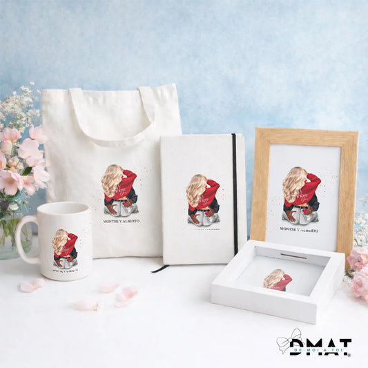 Regalos personalizados con ilustración de pareja abrazados