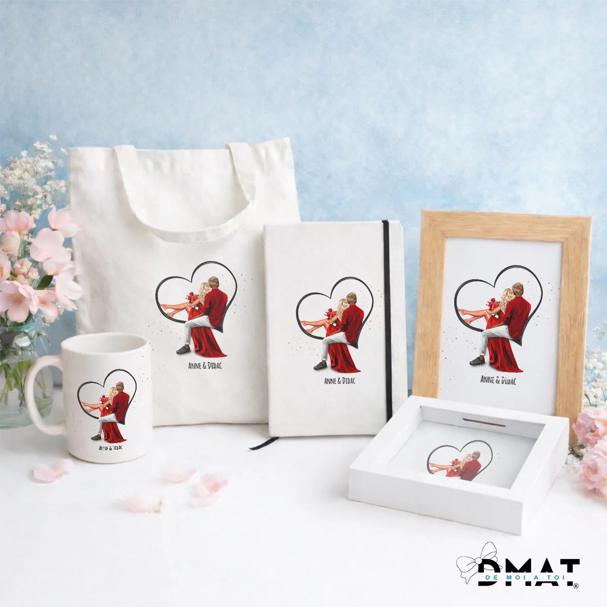 Regalos personalizados con ilustración de pareja romántica