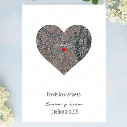 Lámina personalizada A4 con mapa gps para enamorados