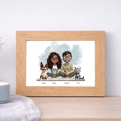 Láminas y cuadros personalizados con ilustración personalizada pareja y mascotas