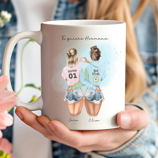 Taza personalizada para amigas y hermanas con nombre – Regalo con ilustración corazón
