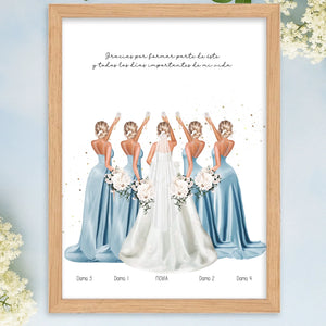 Cuadro o lámina personalizada damas de honor boda 1 a 10 chicas – Regalo con ilustración vestidos