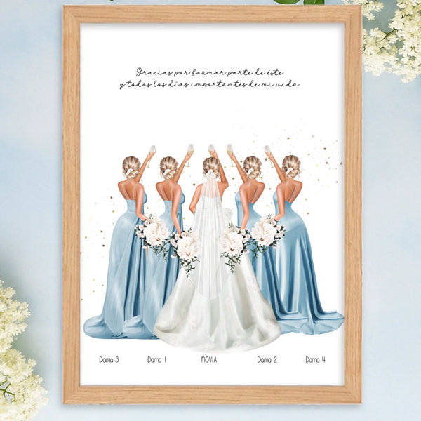 Cuadro o lámina personalizada damas de honor boda 1 a 10 chicas – Regalo con ilustración vestidos