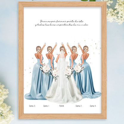 Cuadro o lámina personalizada damas de honor boda 1 a 10 chicas – Regalo con ilustración vestidos
