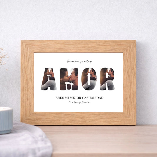 Cuadro personalizado AMOR con fotos y nombres – Regalo romántico con marco (A5 A4 A3)