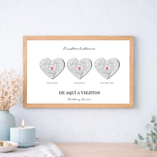 Cuadro Personalizado 3 Momentos Especiales con Ubicaciones GPS para Parejas