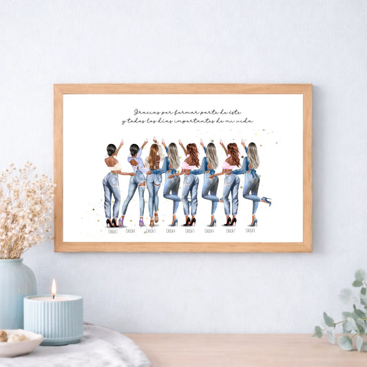 Cuadro personalizado grupo de amigas 5 a 8 personas horizontal – Regalo con ilustración Jean y nombre