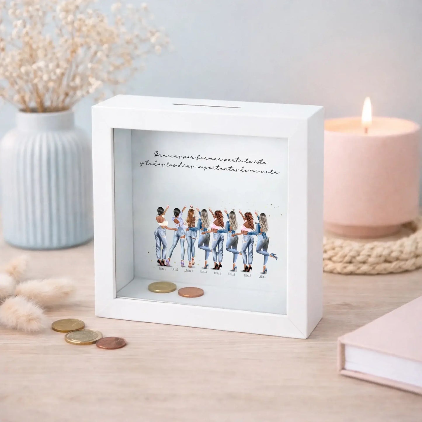 Hucha personalizada grupo de amigas 1 a 8 personas – Regalo con ilustración Jean y nombre