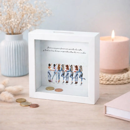 Hucha personalizada grupo de amigas 1 a 8 personas – Regalo con ilustración Jean y nombre