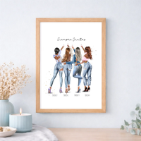 Lámina o cuadro personalizado grupo de amigas 1 a 4 chicas – Regalo con ilustración Jean y nombre