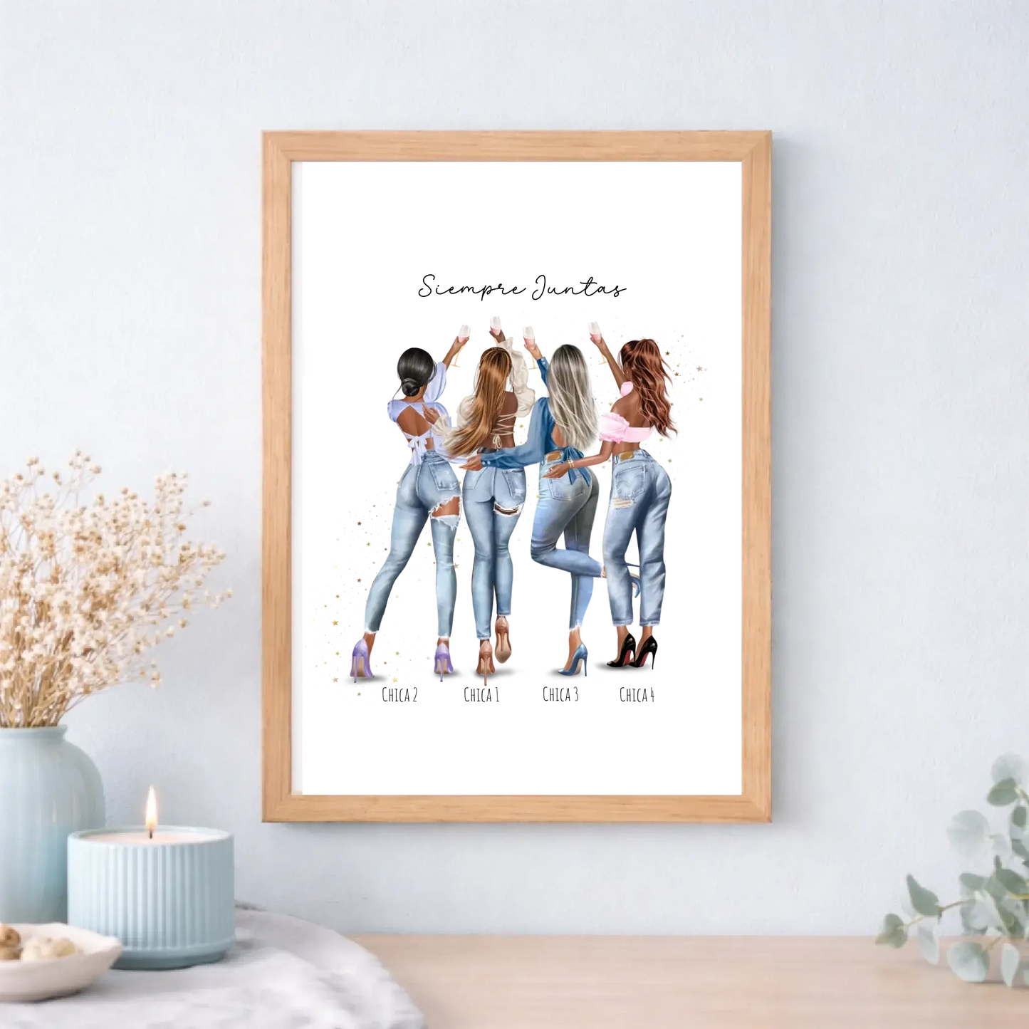 Lámina o cuadro personalizado grupo de amigas 1 a 4 chicas – Regalo con ilustración Jean y nombre