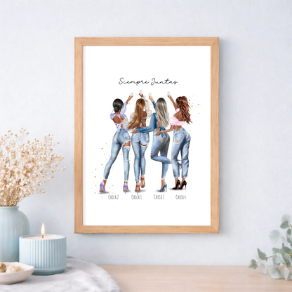 Lámina o cuadro personalizado grupo de amigas 1 a 4 chicas – Regalo con ilustración Jean y nombre