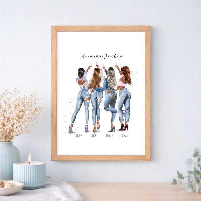 Lámina o cuadro personalizado grupo de amigas 1 a 4 chicas – Regalo con ilustración Jean y nombre