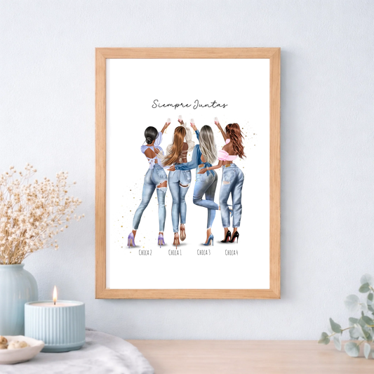 Lámina o cuadro personalizado grupo de amigas 1 a 4 chicas – Regalo con ilustración Jean y nombre