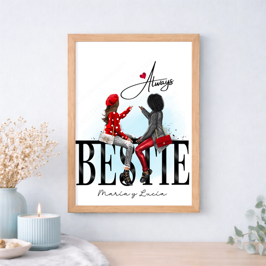 Cuadro o lámina personalizada para mejores amigas estilo cartel – Regalo con ilustración y nombre