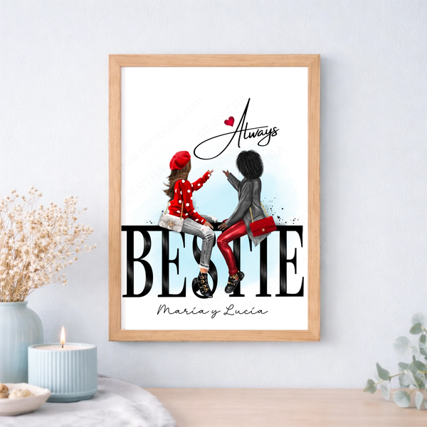 Cuadro o lámina personalizada para mejores amigas estilo cartel – Regalo con ilustración y nombre