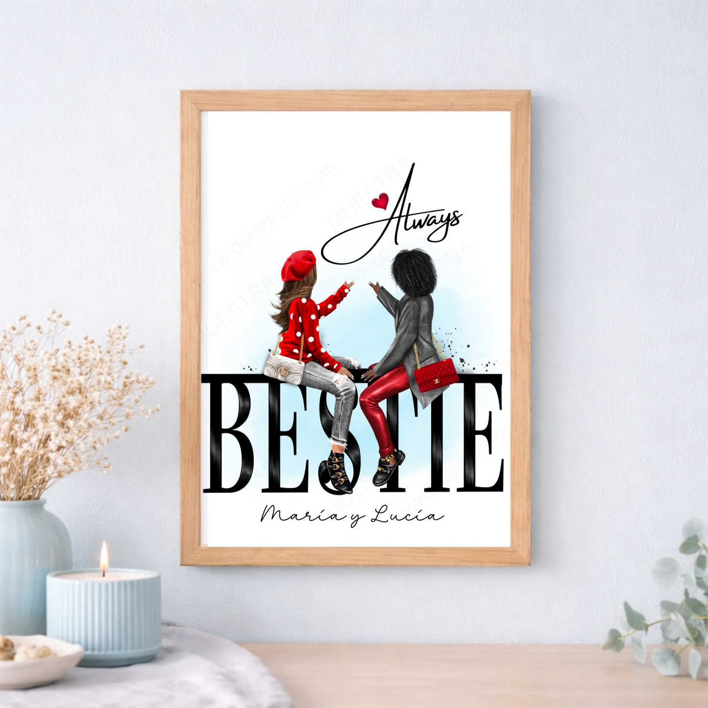 Cuadro o lámina personalizada para mejores amigas estilo cartel – Regalo con ilustración y nombre